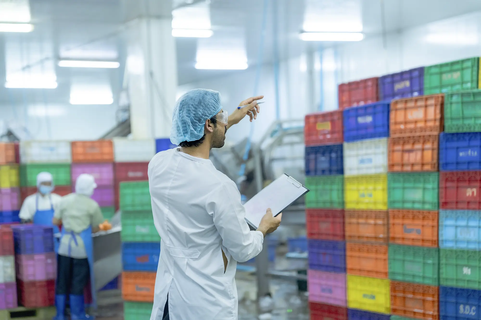 USDA-compliant frozen food production with worker in food-grade PPE