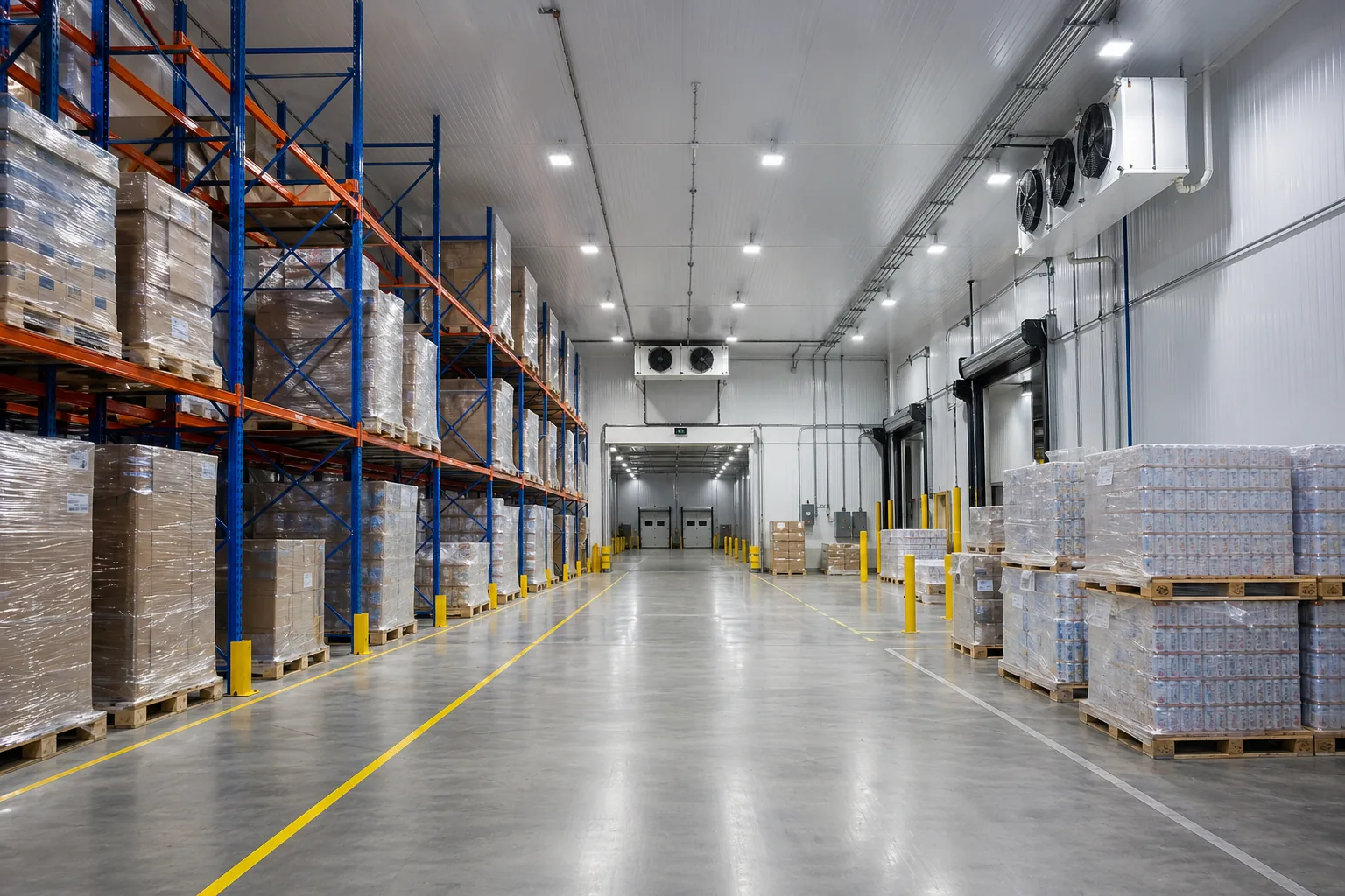 Dallas-Fort Worth refrigerated warehouse interior with pallet racking and evaporator units